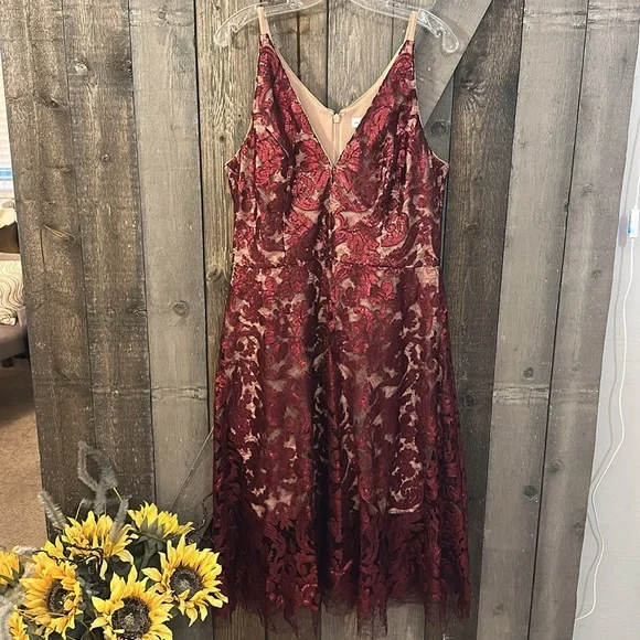 Dress the Population Blair Embellished Fit & Flare Cocktail Dress in Berry/Nude - Picture 6 of 14